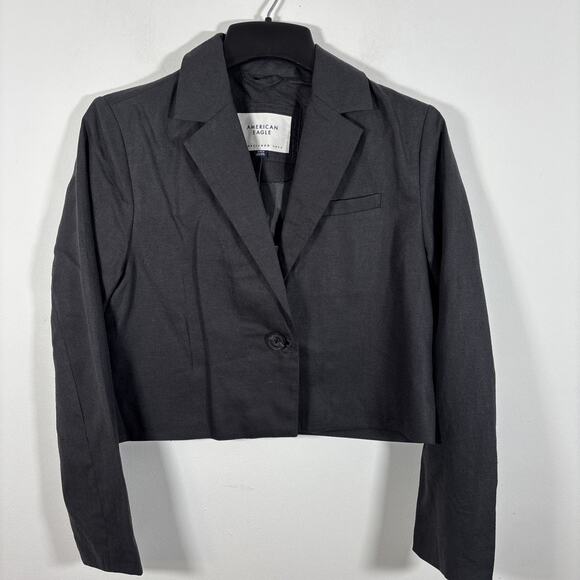 American Eagle Cropped Linen 1 Button Blazer Medium Black NWT Jacket Lightweight - Picture 7 of 7
